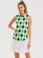 Green and White Checkerboard Quarter-zip Sleeeveless Polo Shirt