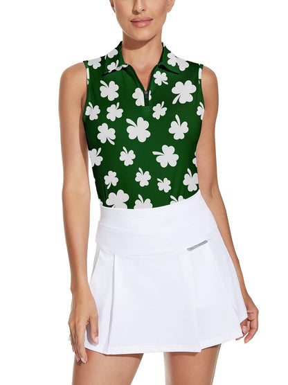 Ladies Sleeveless Golf Polo- White Clover on Green Background Athletic Polo Shirts Moisture Wicking Tennis Shirts Golf Shirt Dry Fit