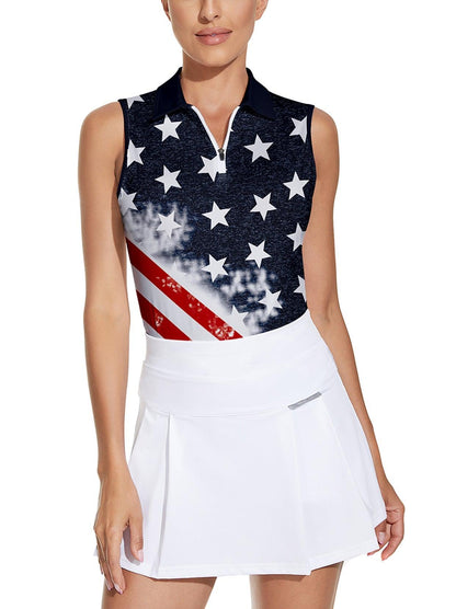 Flag Pattern Quarter-Zip Sleeveless Golf Polo for Ladies