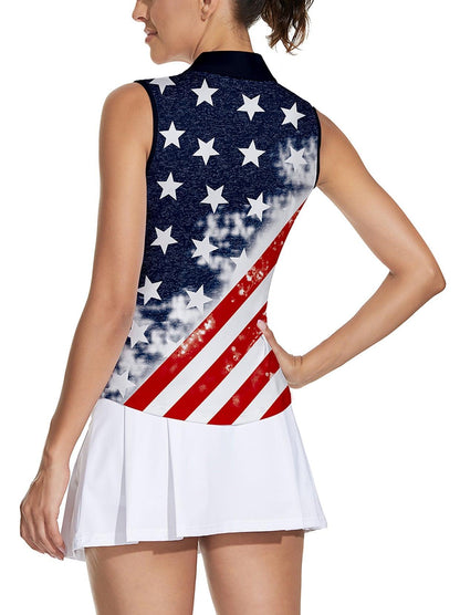 Flag Pattern Quarter-Zip Sleeveless Golf Polo for Ladies