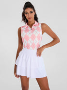 Pink And White Checkerboard Sleeveless Quarter-Zip Golf Polo For Women