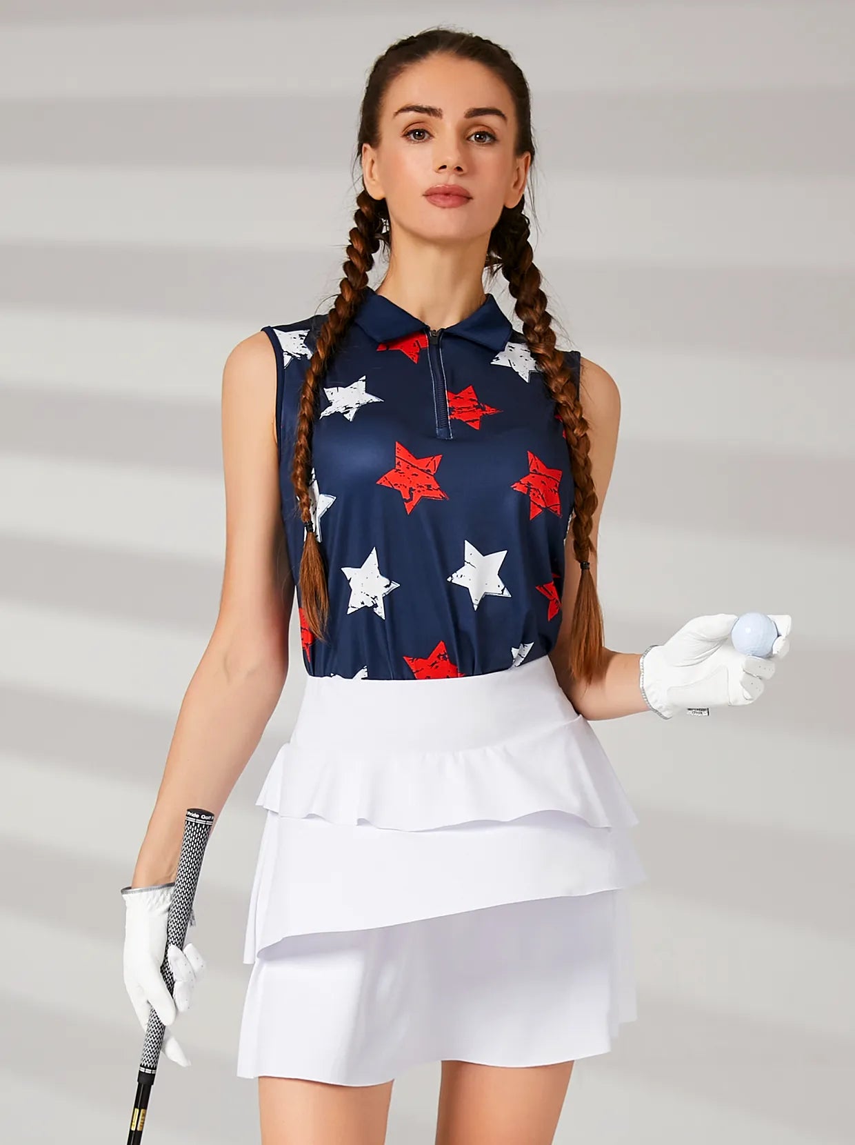 Red and White Stars Short-sleeve Golf Shirt for Ladies