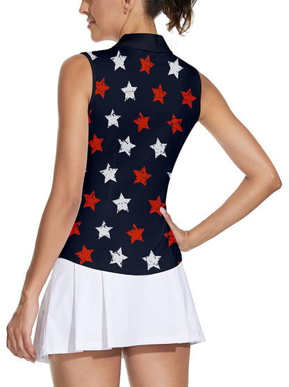 Red and White Stars Short Sleeve Golf Shirt for Ladies