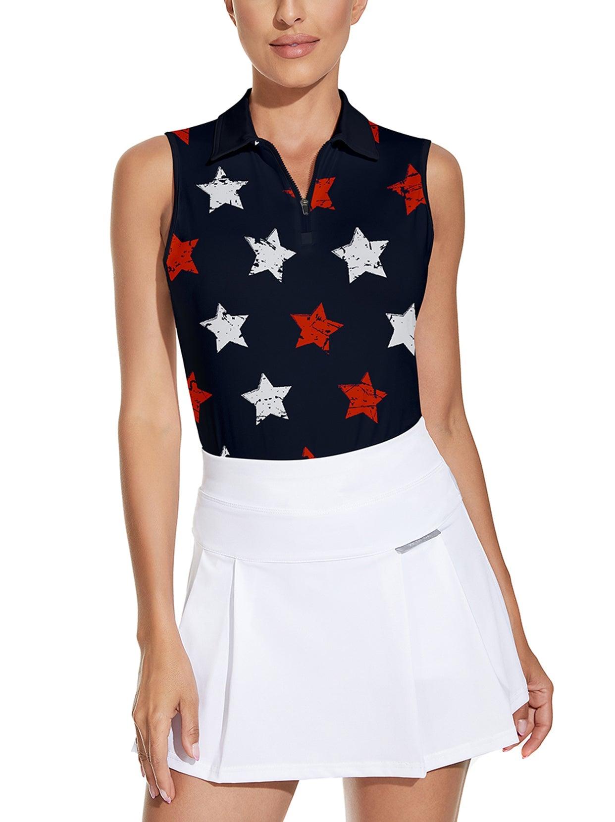 Red and White Stars Short Sleeve Golf Shirt for Ladies