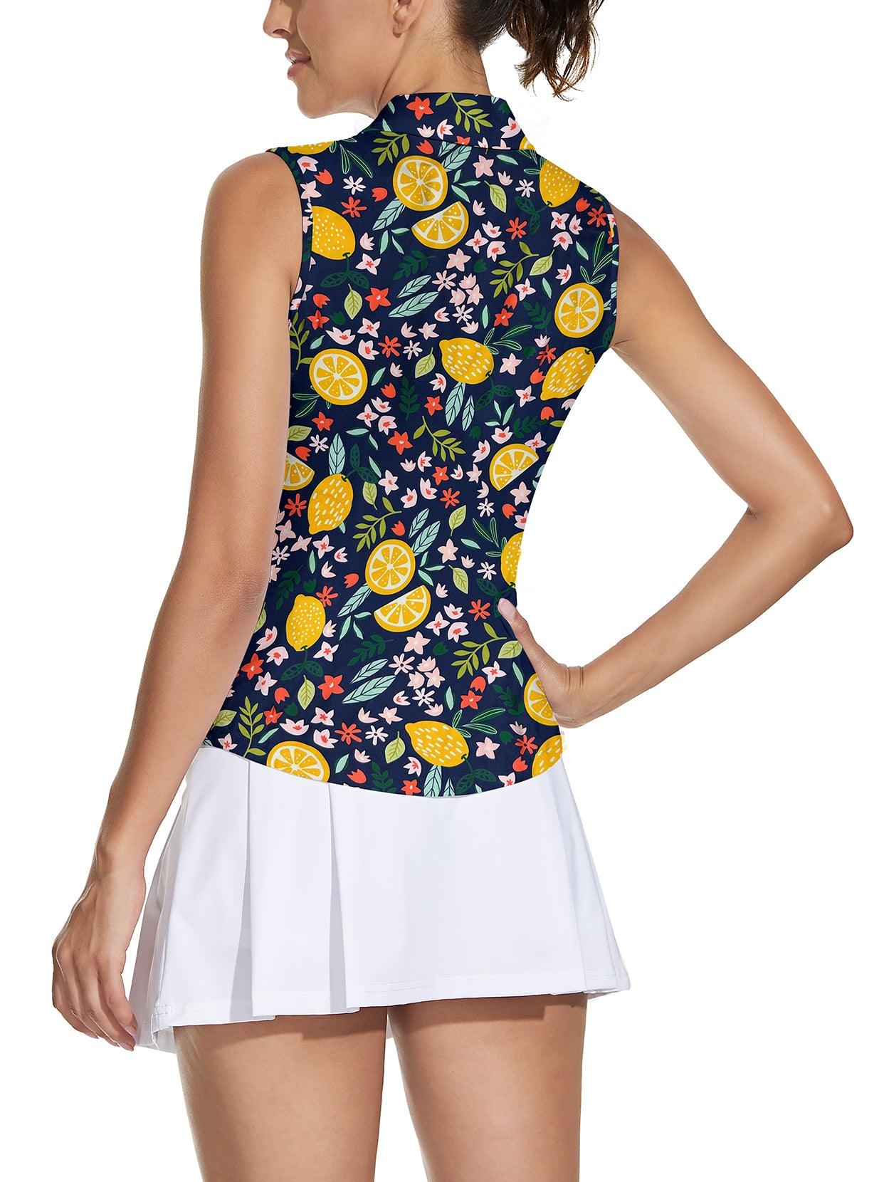 Ladies Sleeveless Golf Polo- Lemon Slice Print Athletic Polo Shirts Moisture Wicking Tennis Shirts Golf Shirt Dry Fit