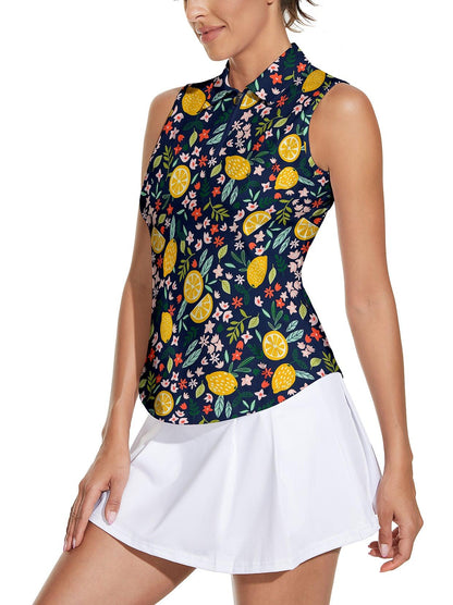 Ladies Sleeveless Golf Polo- Lemon Slice Print Athletic Polo Shirts Moisture Wicking Tennis Shirts Golf Shirt Dry Fit