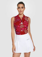 Heart and Floral Print Quarter-zip Sleeveless Polo Shirt For Women