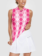 Pink Checkerboard Quarter-zip Sleeveless Polo Shirt For Women 