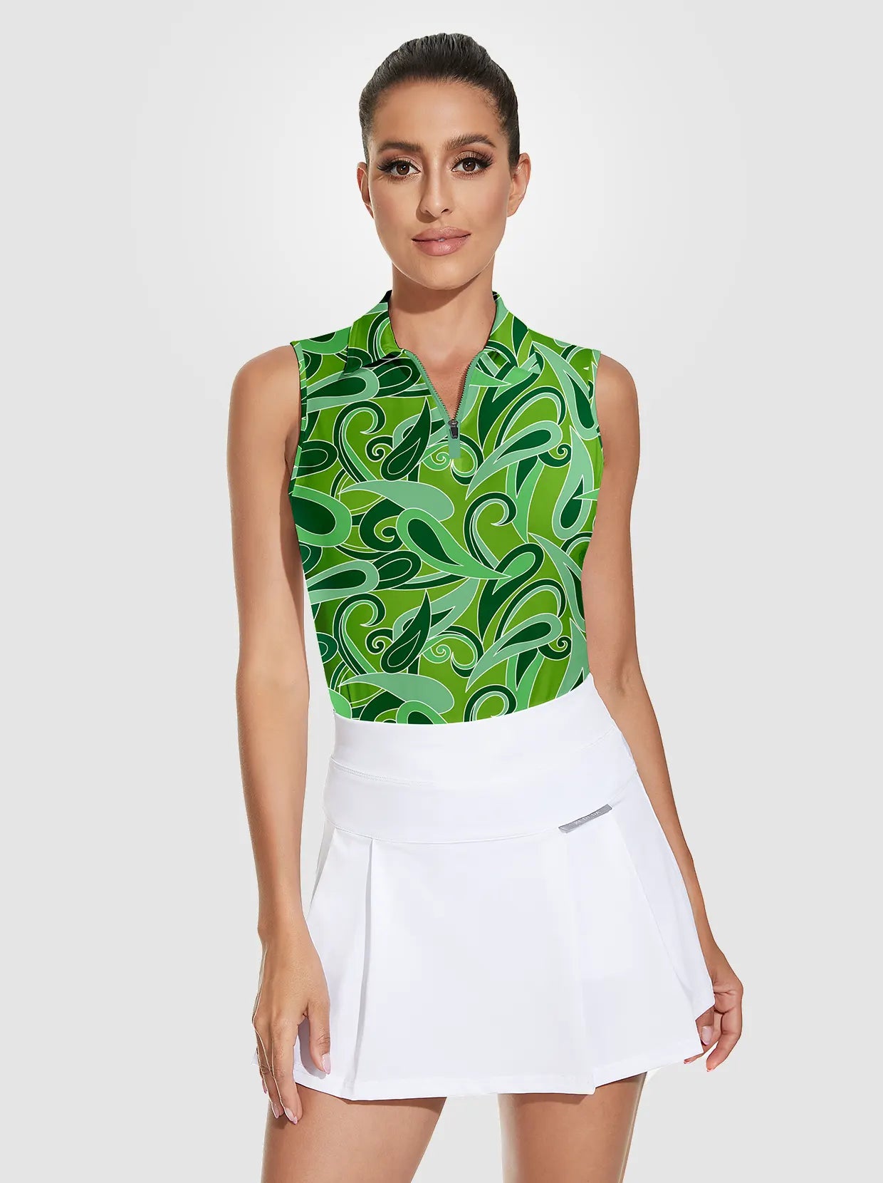 Green Print Quarter-zip Sleeveless Polo Shirt For Women