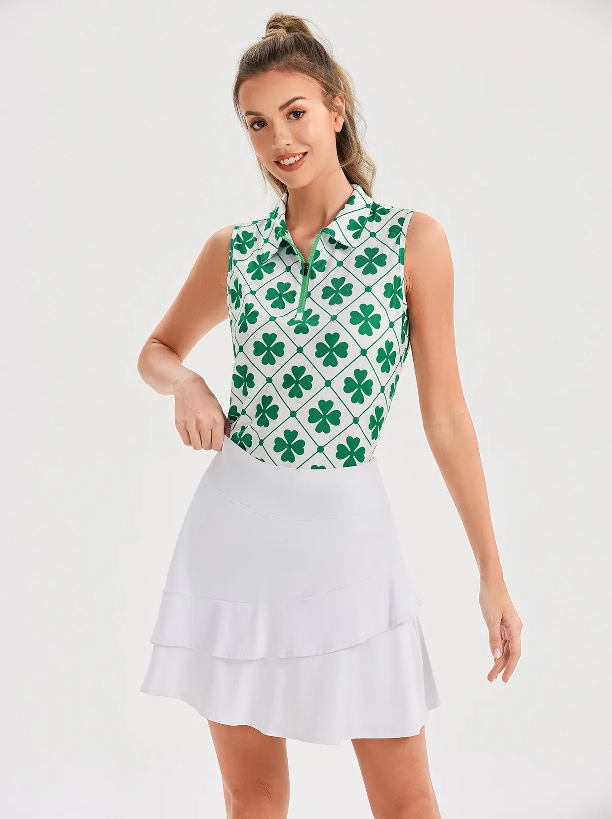 Green Four-leaf Clover Quarter-zip Sleeveless Polo Shirt For Women