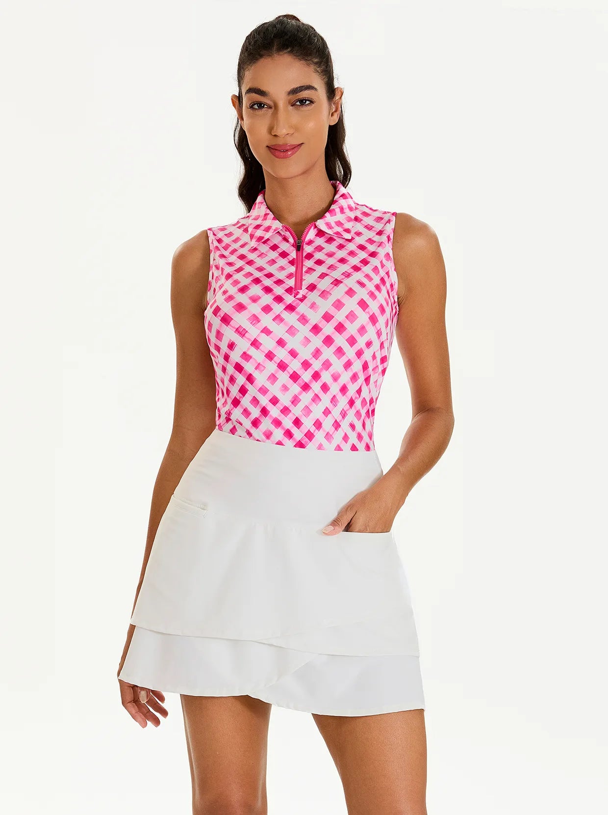 Ladies Pink Checkerboard Quarter-zip Sleeveless Polo Top