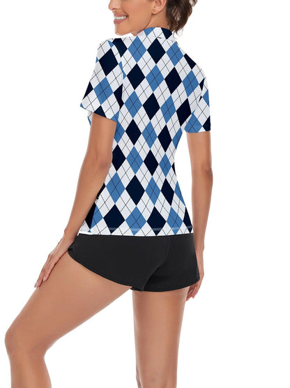 Blue and Dark Blue Checkered Print Short Sleeve Golf Shirt Short-sleeve Golf Polo for Ladies