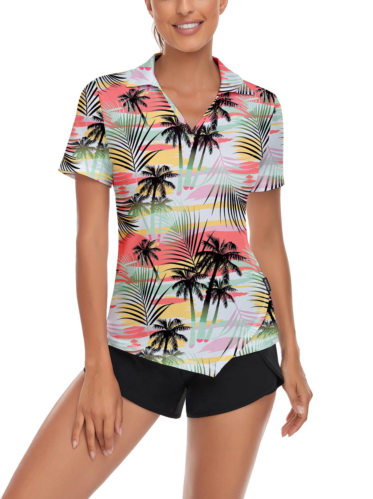 Colorful Background Coconut Trees Short Sleeve Golf Shirt for Women