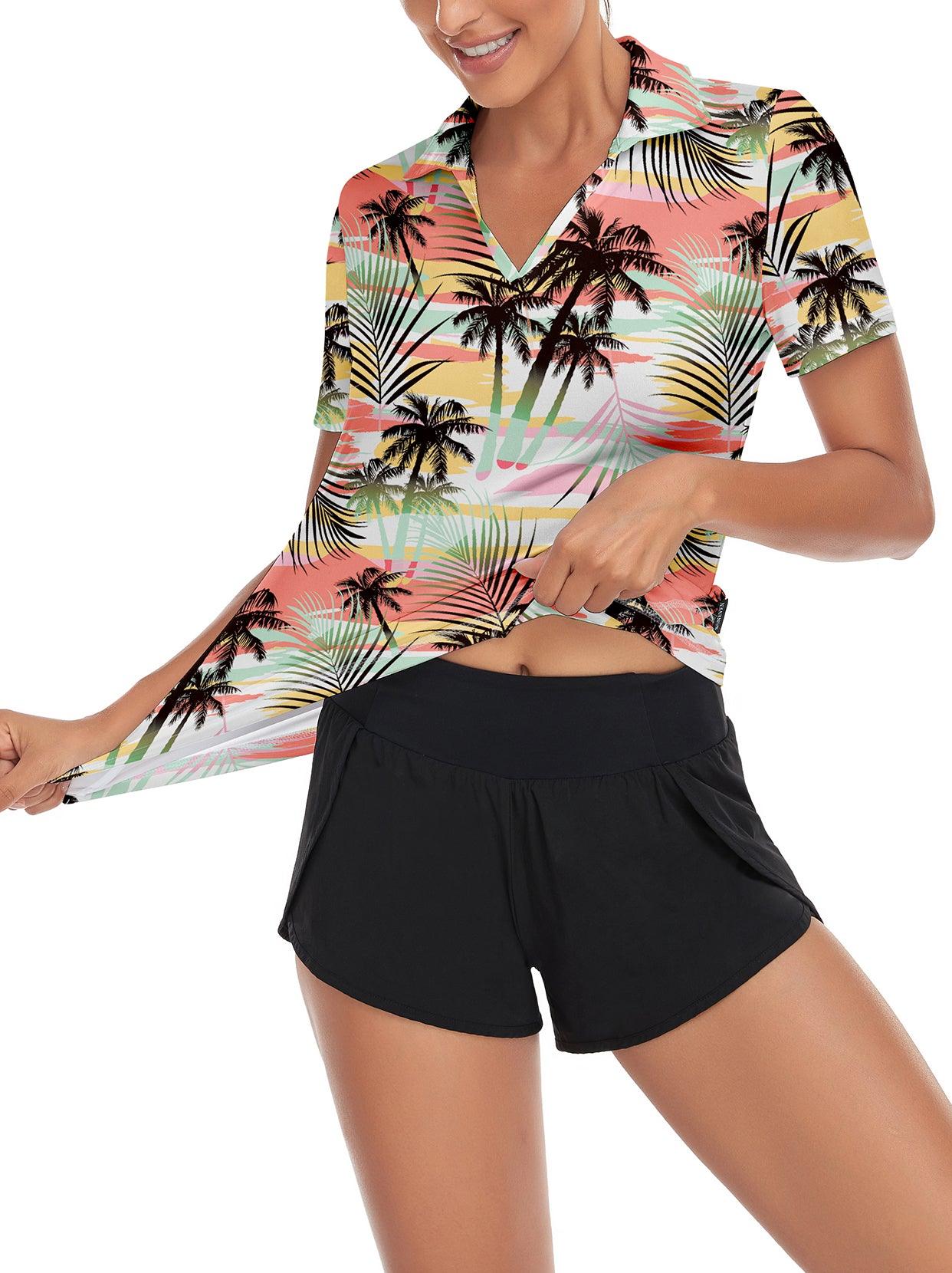 Colorful Background Coconut Trees Short Sleeve Golf Shirt for Women