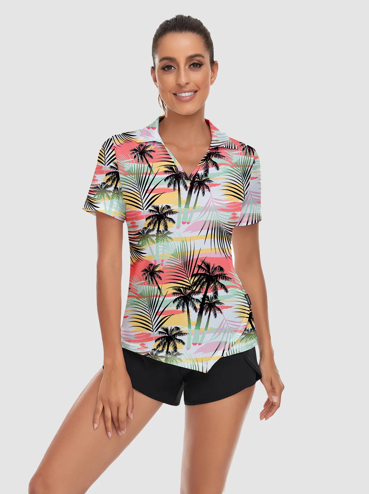 Colorful Background Coconut Trees Short Sleeve Golf Shirt for Women