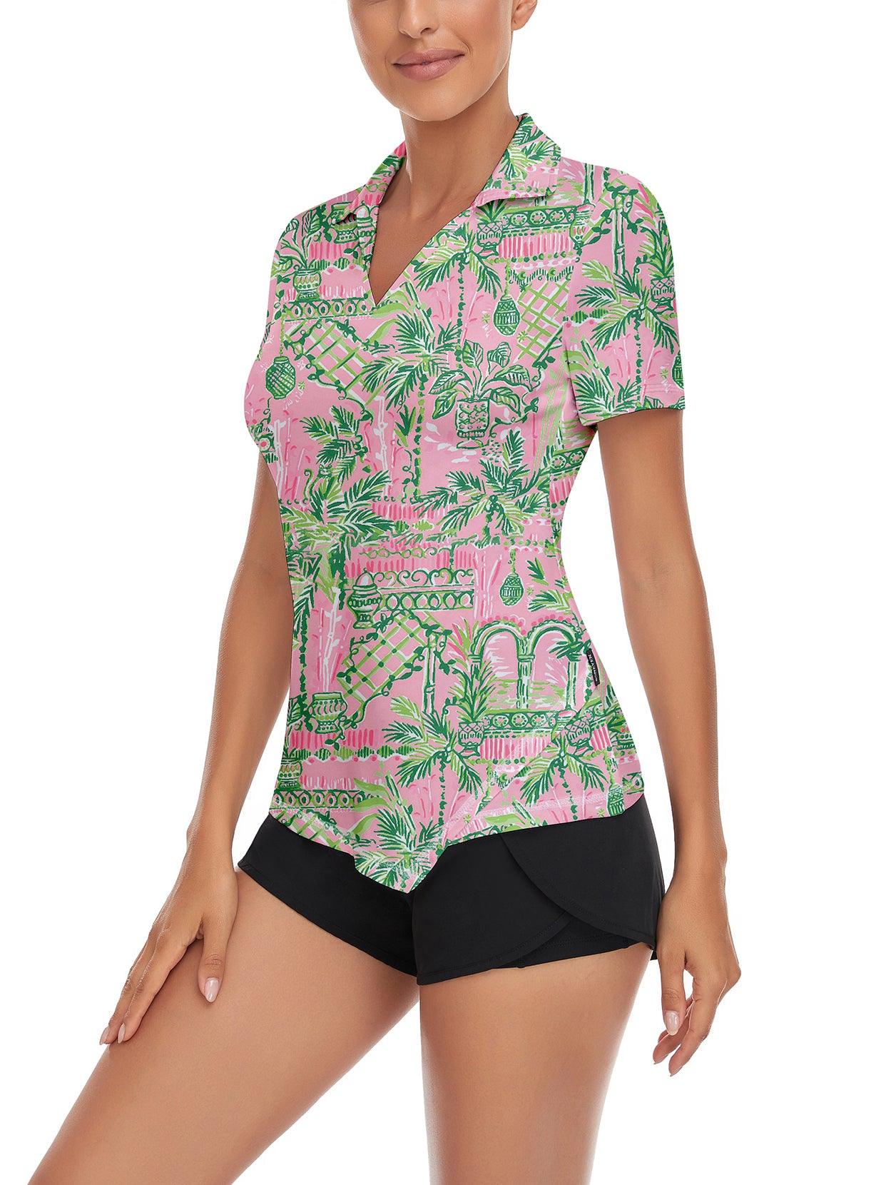 Coconut Trees on Pink Background Short Sleeve Golf Shirt for Women