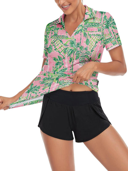 Coconut Trees on Pink Background Short Sleeve Golf Shirt for Women