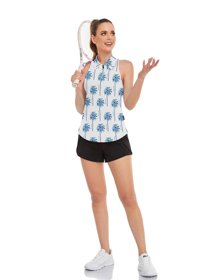 Soneven Ladies Golf Sleeveless Polo-💃🏼SO® Blue Coconut Tree Racerback Athletic Polo Shirts Moisture Wicking Tennis Shirts Dry Fit