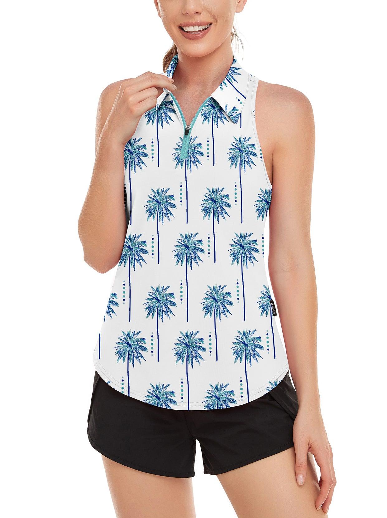 Soneven Ladies Golf Sleeveless Polo-💃🏼SO® Blue Coconut Tree Racerback Athletic Polo Shirts Moisture Wicking Tennis Shirts Dry Fit