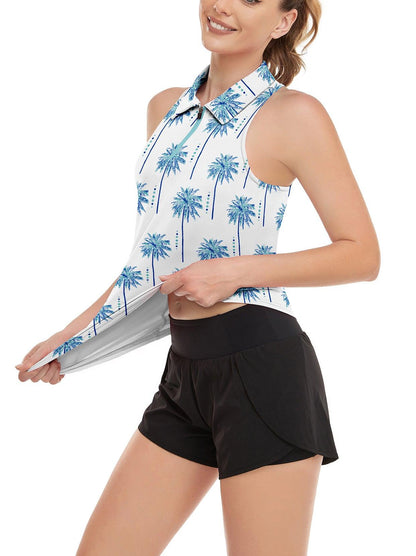 Soneven Ladies Golf Sleeveless Polo-💃🏼SO® Blue Coconut Tree Racerback Athletic Polo Shirts Moisture Wicking Tennis Shirts Dry Fit