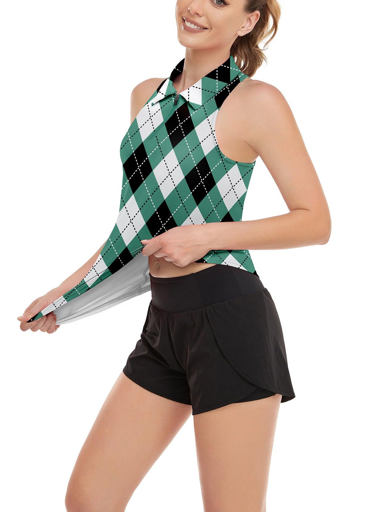 Black and Green Checkerboard Racerback Athletic Polo Shirt