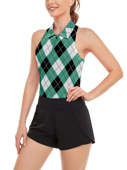 Soneven Ladies Golf Sleeveless Polo-??Black and Green Checkerboard Racerback Athletic Polo Shirts Moisture Wicking Tennis Shirts Dry Fit