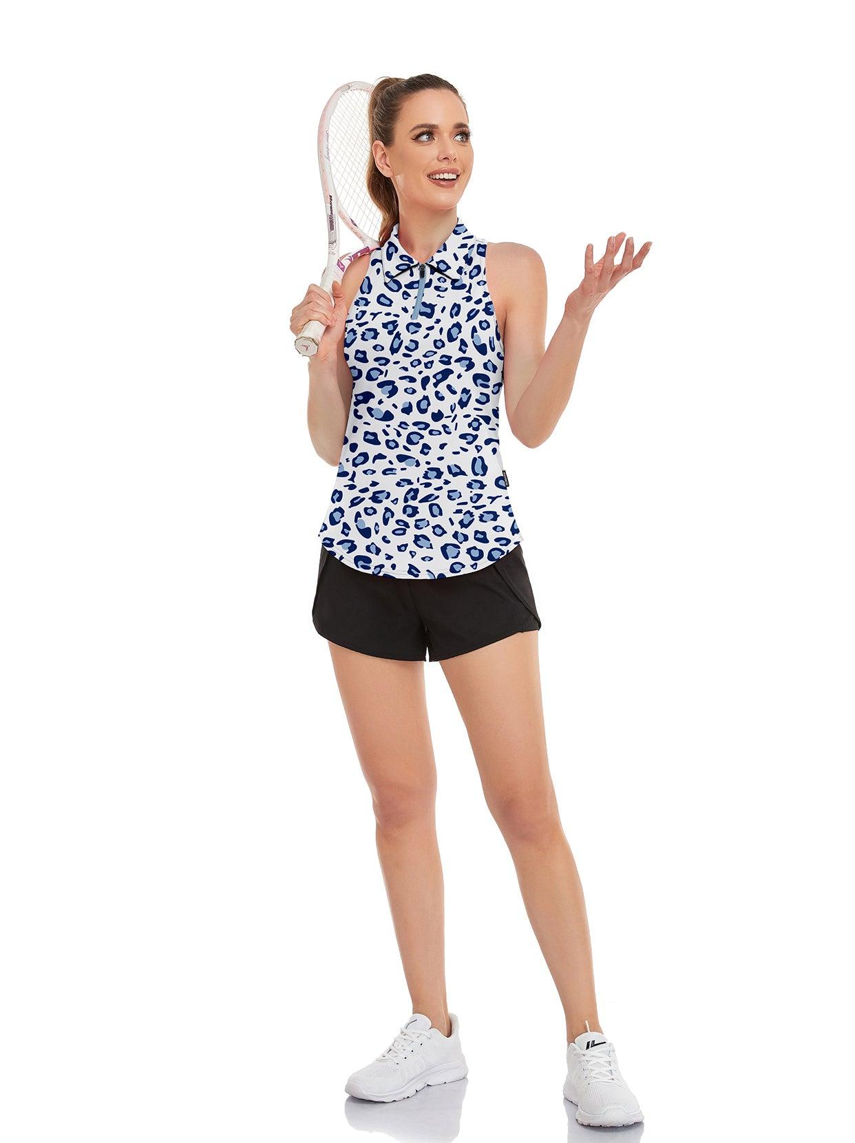 Soneven Ladies Golf Sleeveless Polo-💃🏼SO® Blue Leopard Print on White Racerback Athletic Polo Shirts Moisture Wicking Tennis Shirts Dry Fit