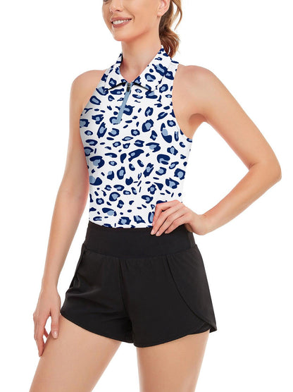 Soneven Ladies Golf Sleeveless Polo-💃🏼SO® Blue Leopard Print on White Racerback Athletic Polo Shirts Moisture Wicking Tennis Shirts Dry Fit