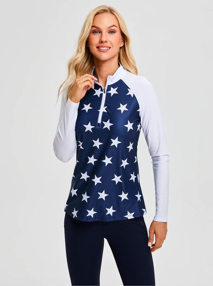 White Star on Dark Blue Quraterzip Long-sleeve Polo Shirt for Ladies