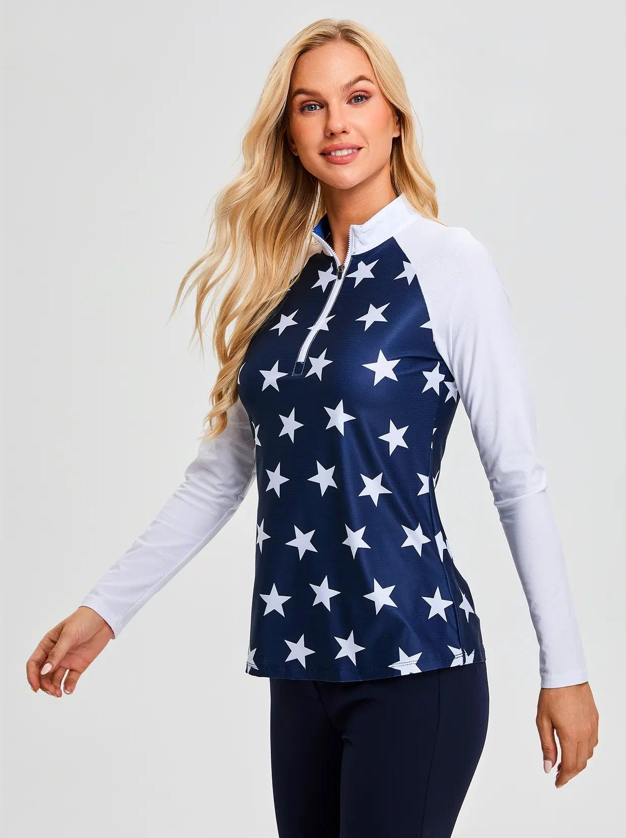 White Star on Dark Blue Quraterzip Long-sleeve Polo Shirt for Ladies