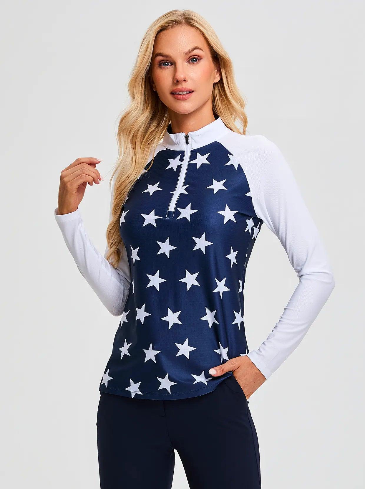 White Star on Dark Blue Quaterzip Long-sleeve Polo Shirt for Ladies