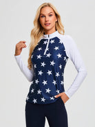 White Star on Dark Blue Quaterzip Long-sleeve Polo Shirt for Ladies