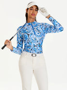 Blue Paisley Stand-collar Long-sleeve Shirt for Women