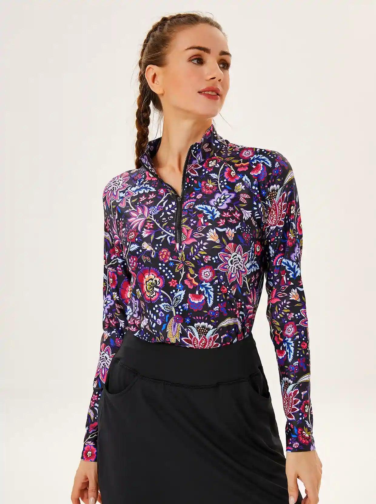 Black Retro Floral V-Neck Long Sleeve Polo Shirt