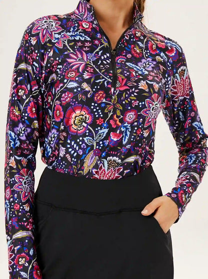 Black Retro Floral V-Neck Long Sleeve Polo Shirt