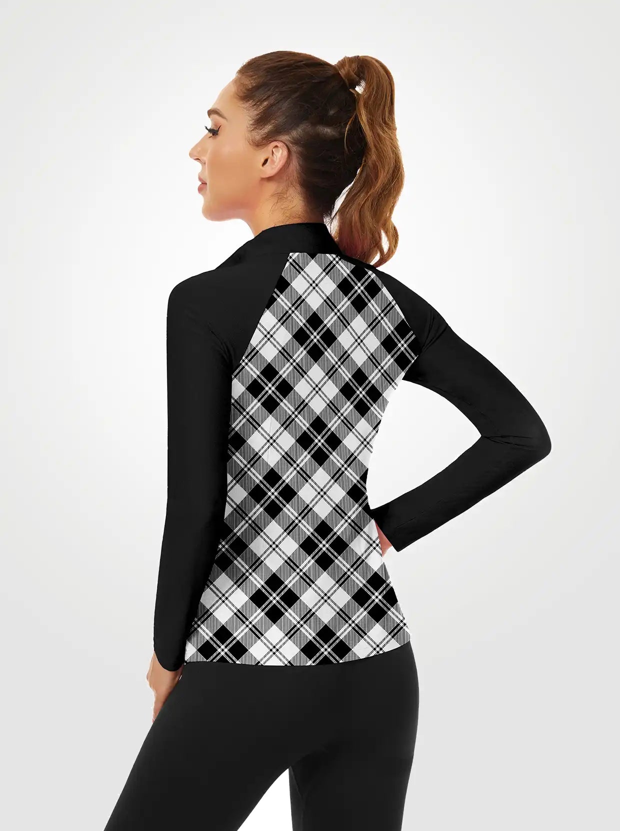 Black and White Checkerboard Quarterzip Long-sleeve Shirt