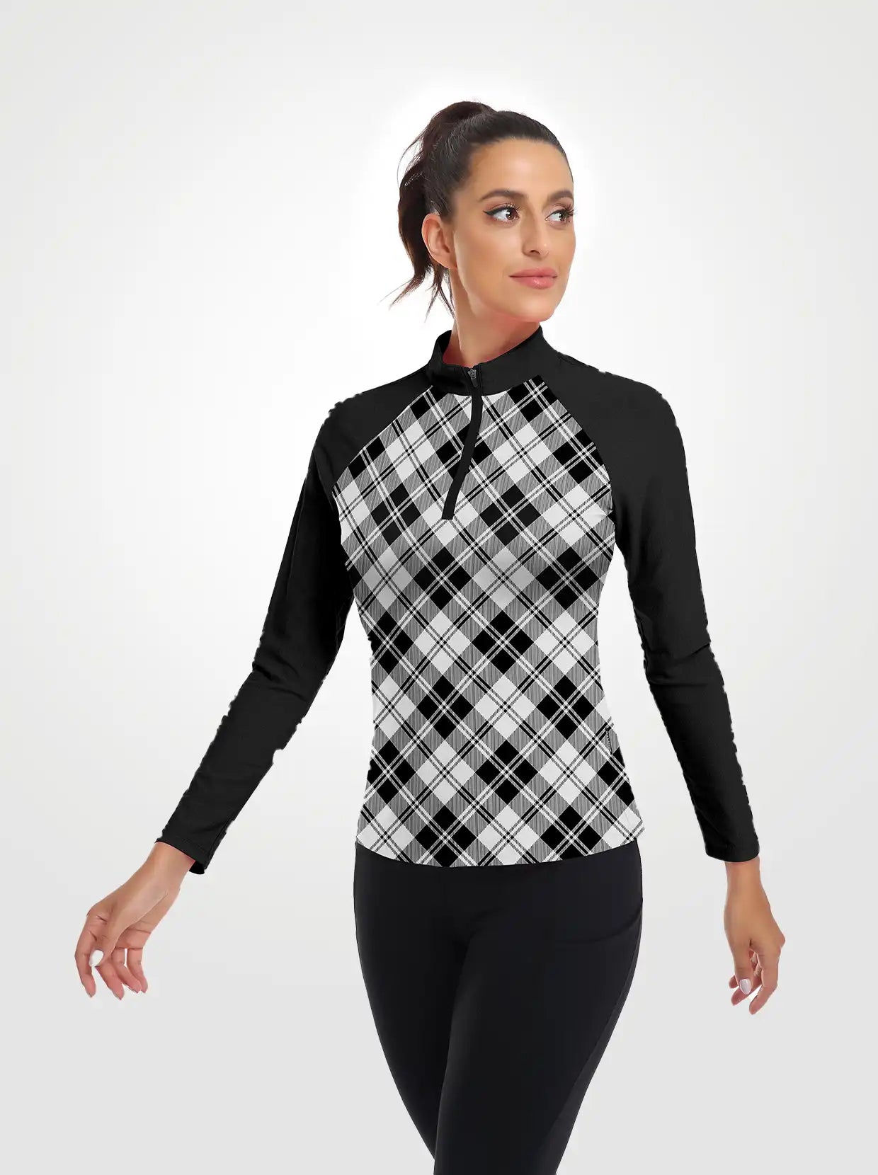 Black and White Checkerboard Quarterzip Long-sleeve Shirt