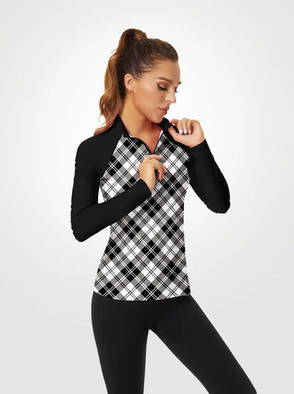 Black and White Checkerboard Quarterzip Long-sleeve Shirt