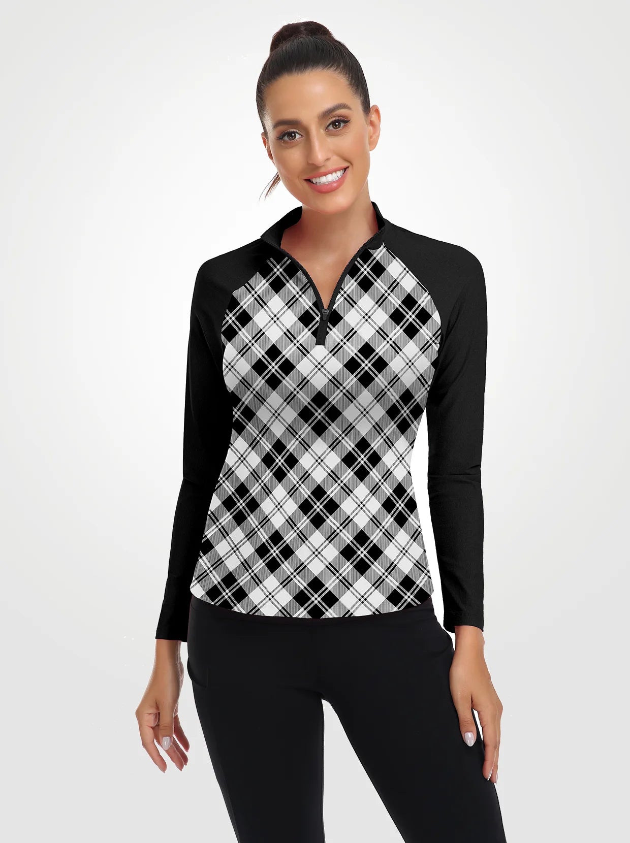 Black and White Checkerboard Quarterzip Long-sleeve Shirt