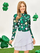 Green Shamrock Stand-collar Long-sleeve Shirt For Women 