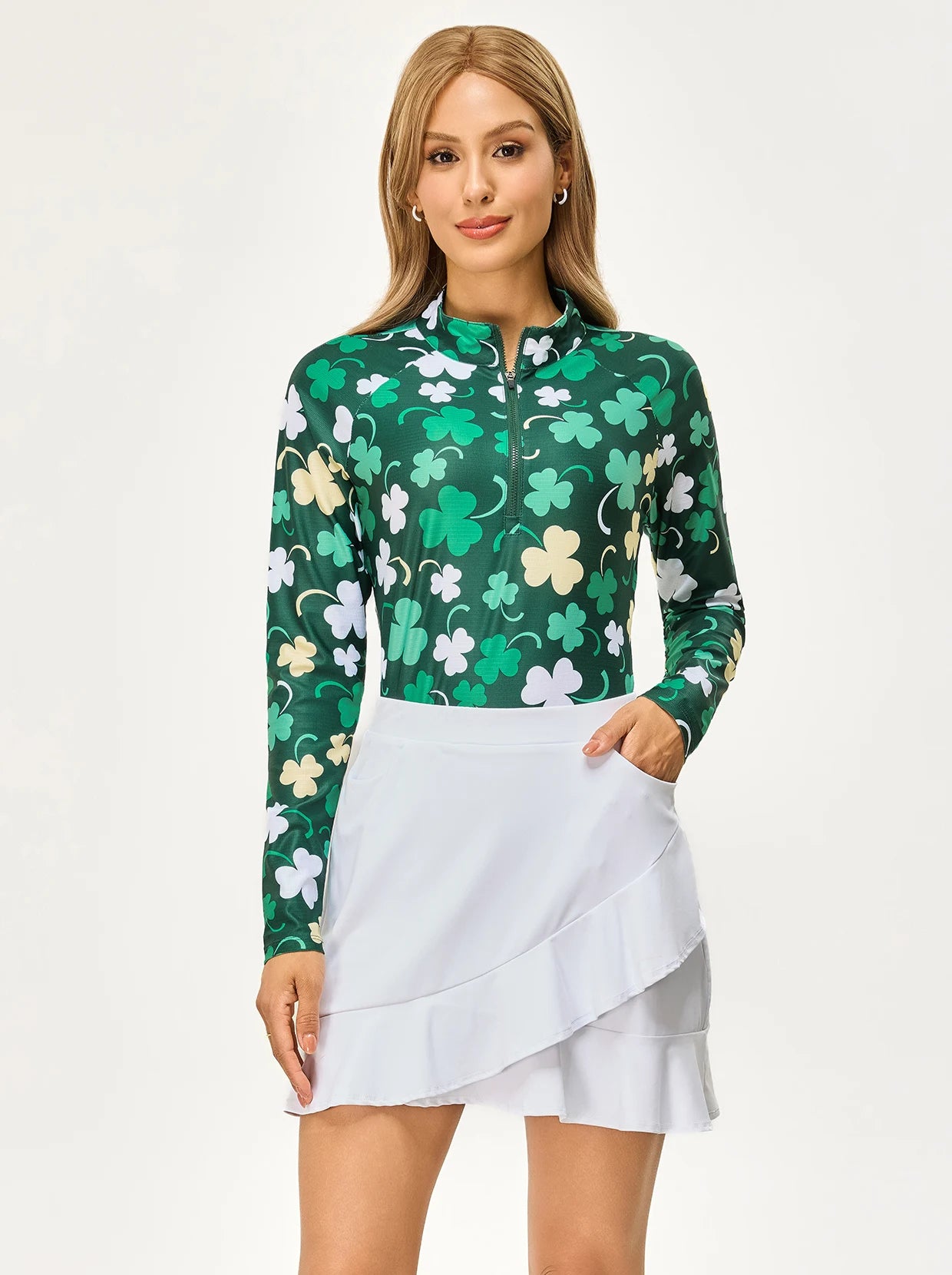 Green Shamrock Stand-collar Long-sleeve Shirt For Women 