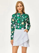 Green Shamrock Stand-collar Long-sleeve Shirt For Women 