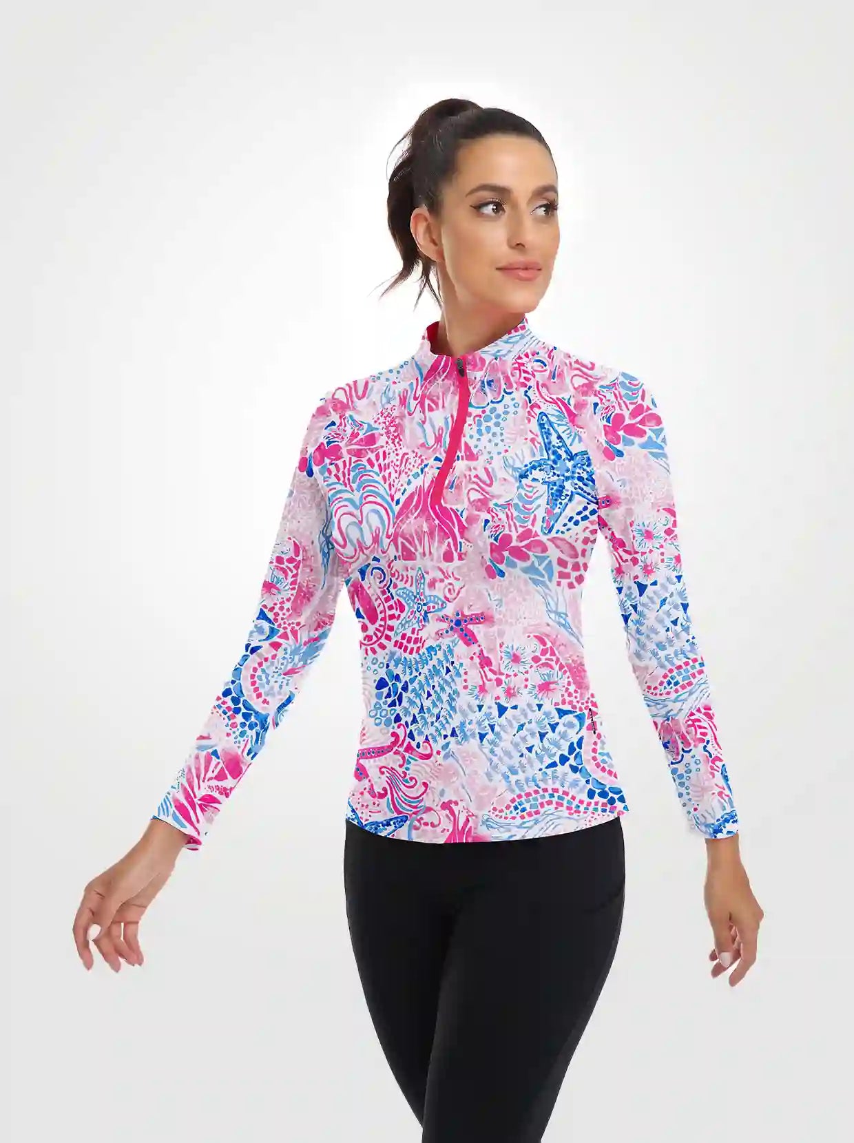 Marine Pattern Quarterzip Long-sleeve Shirt for Women