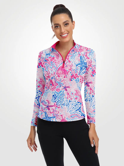 Marine Pattern Quarterzip Long-sleeve Shirt for Women