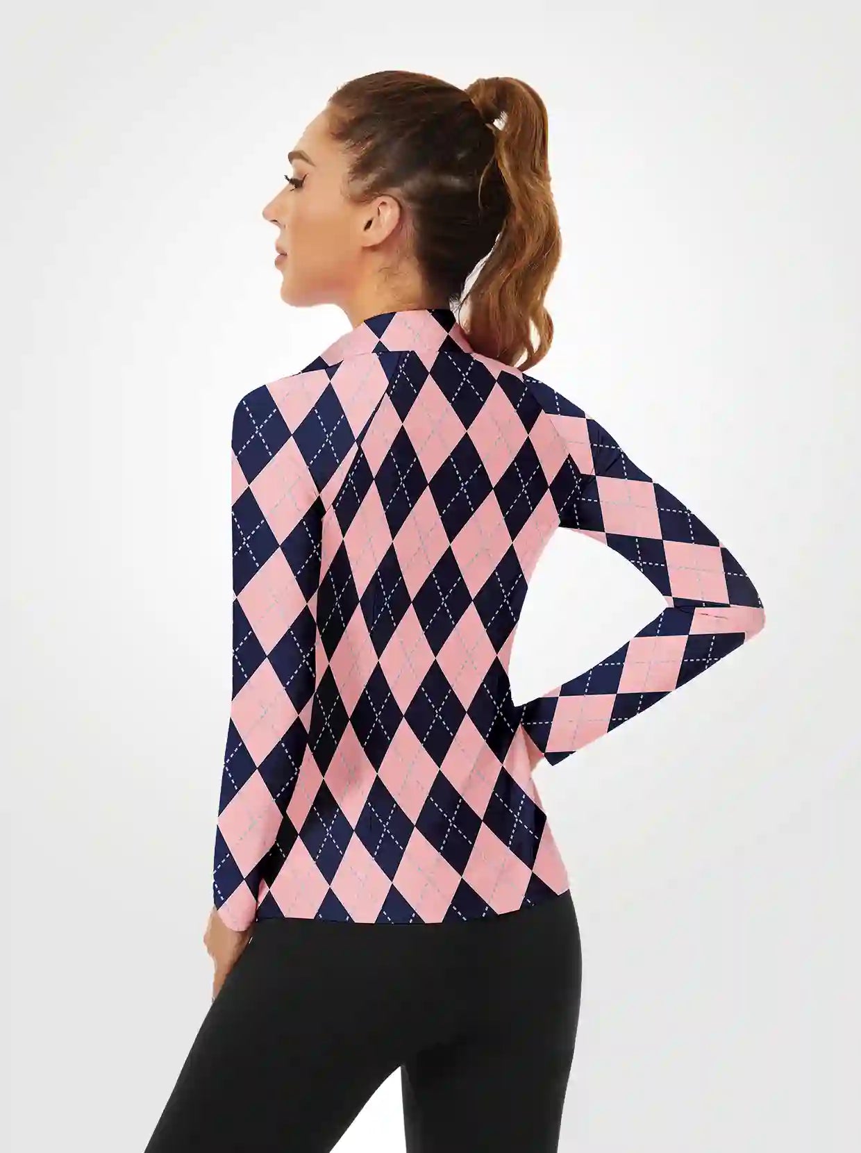 Pink and Blue Checkerboard Quarterzip Long-sleeve Shirt for Women