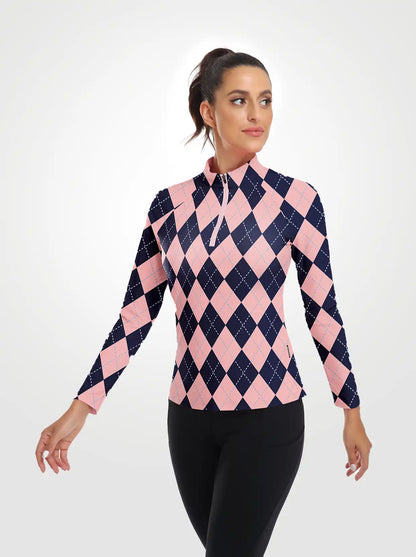 Pink and Blue Checkerboard Quarterzip Long-sleeve Shirt for Women