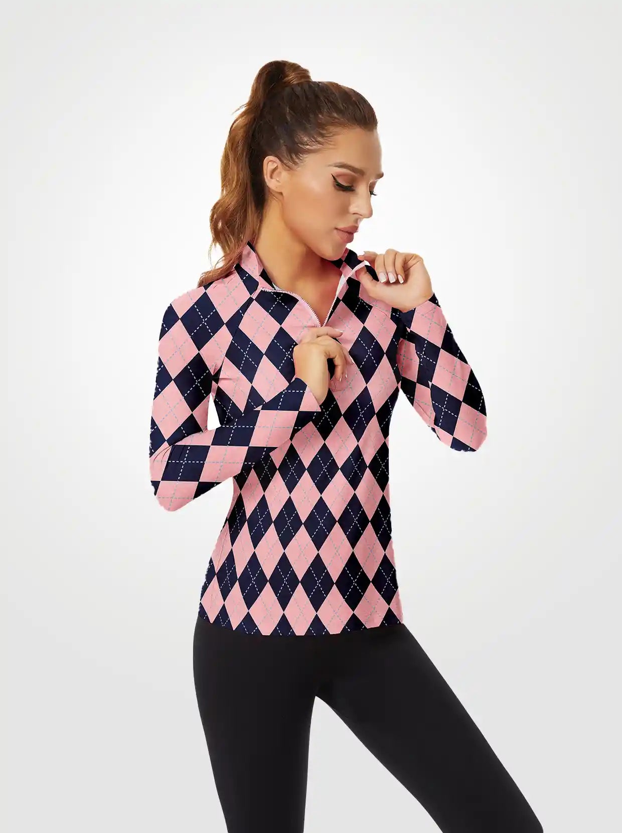 Pink and Blue Checkerboard Quarterzip Long-sleeve Shirt for Women