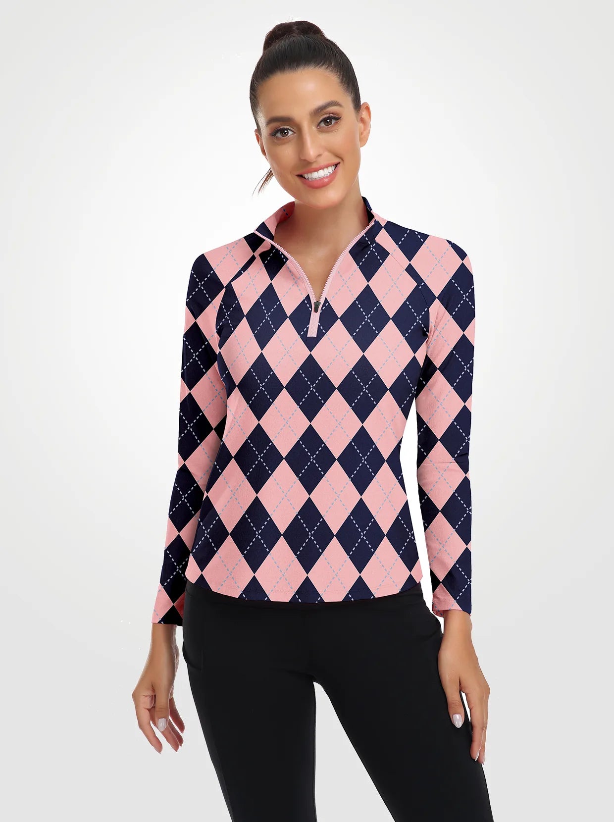 Pink and blue Checkerboard Quarterzip Long-sleeve Shirt for Women