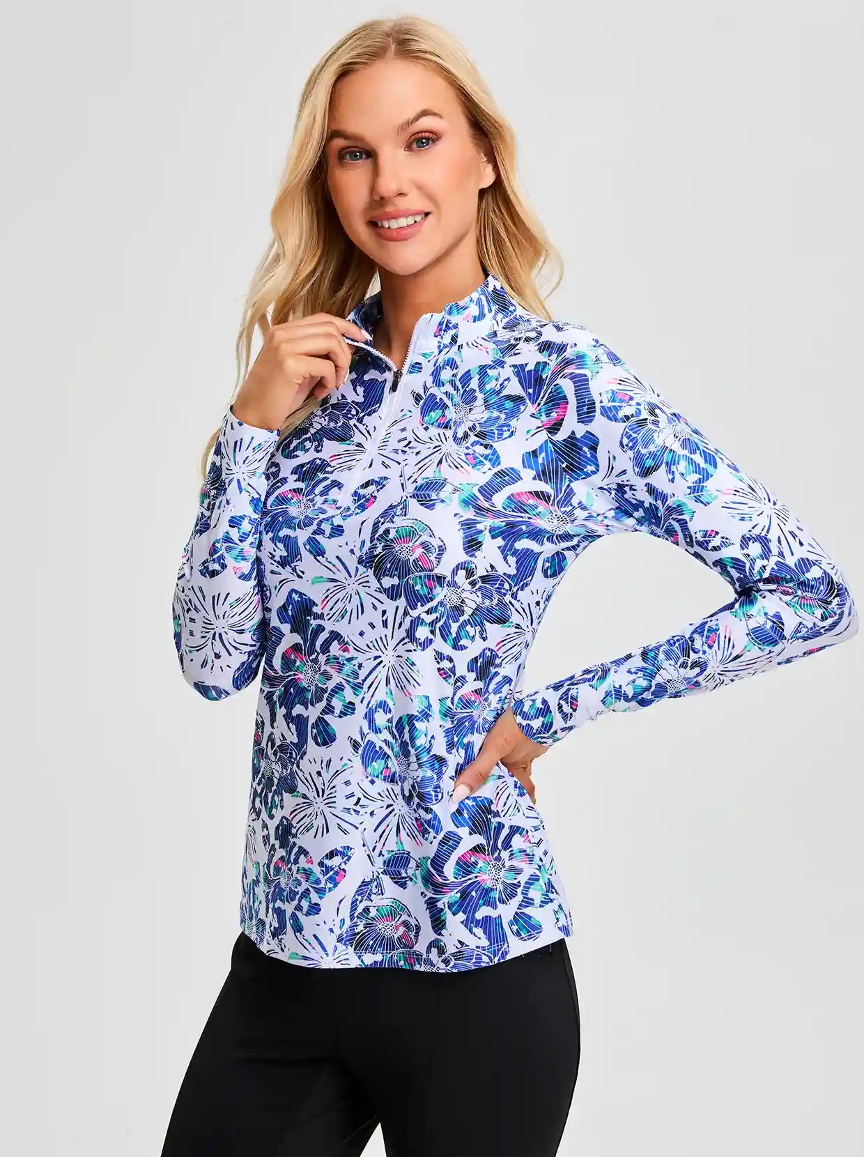 Blue Fireworks Quarter-zip Long-sleeve Polo Shirt for Ladies