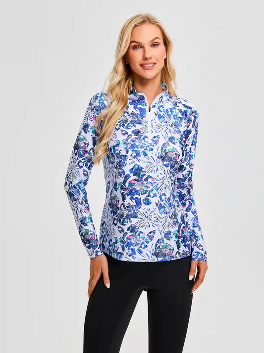 Blue fireworks V-neck Quaterzip Long-sleeve Polo Shirt for Ladies